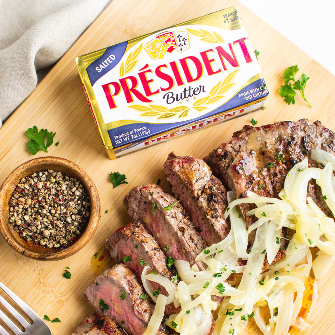 president steak onions butter